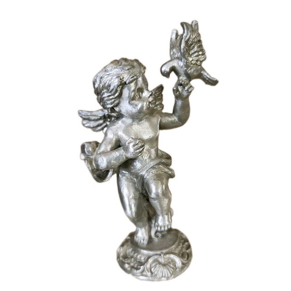 Vintage SUN Co. Solid Pewter Figurine Cherub/Angel With Dove 3.5"
